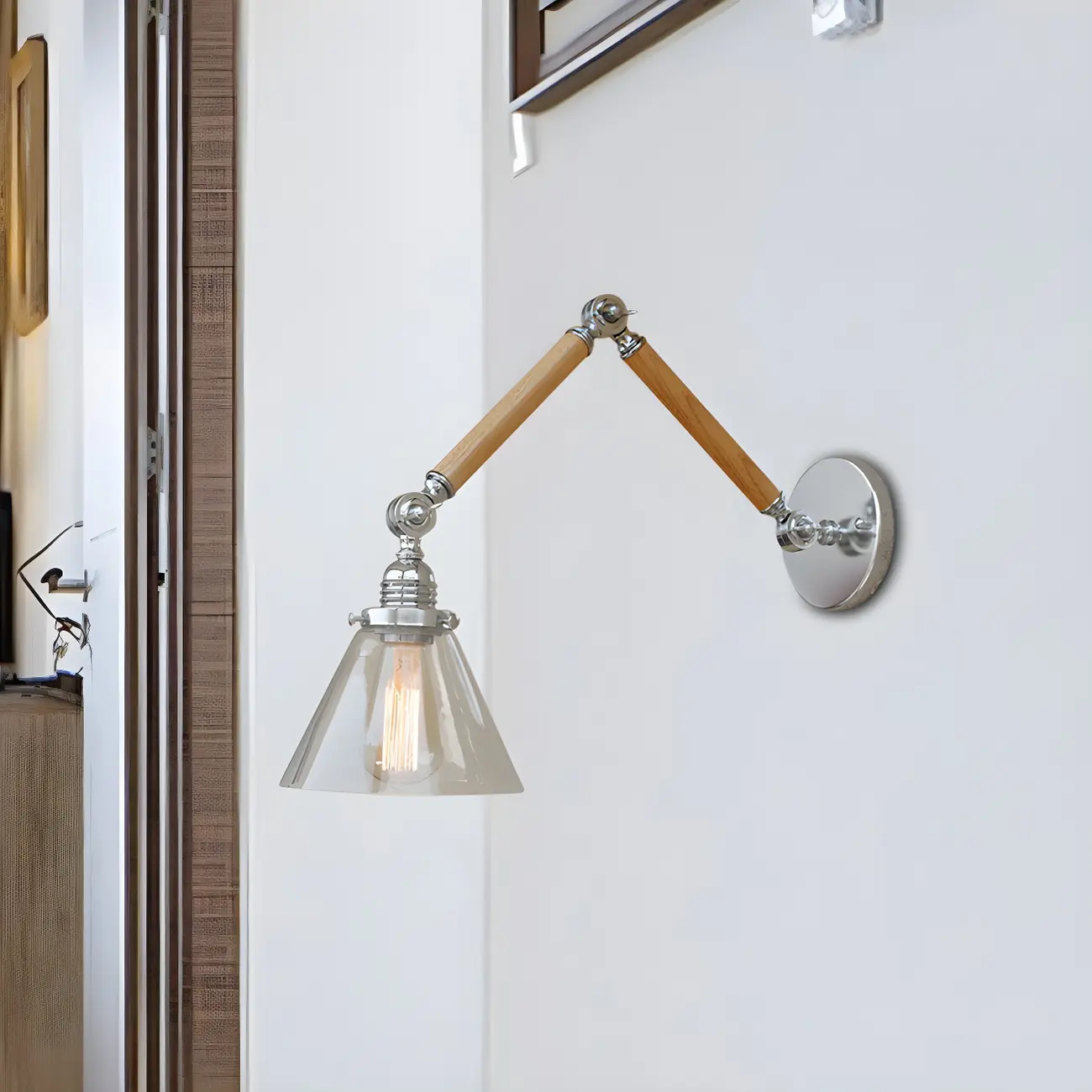 Vintage Clear Glass Cone Shade Wood Metal Swing Arm Wall Light Image - 2 | homeyfad