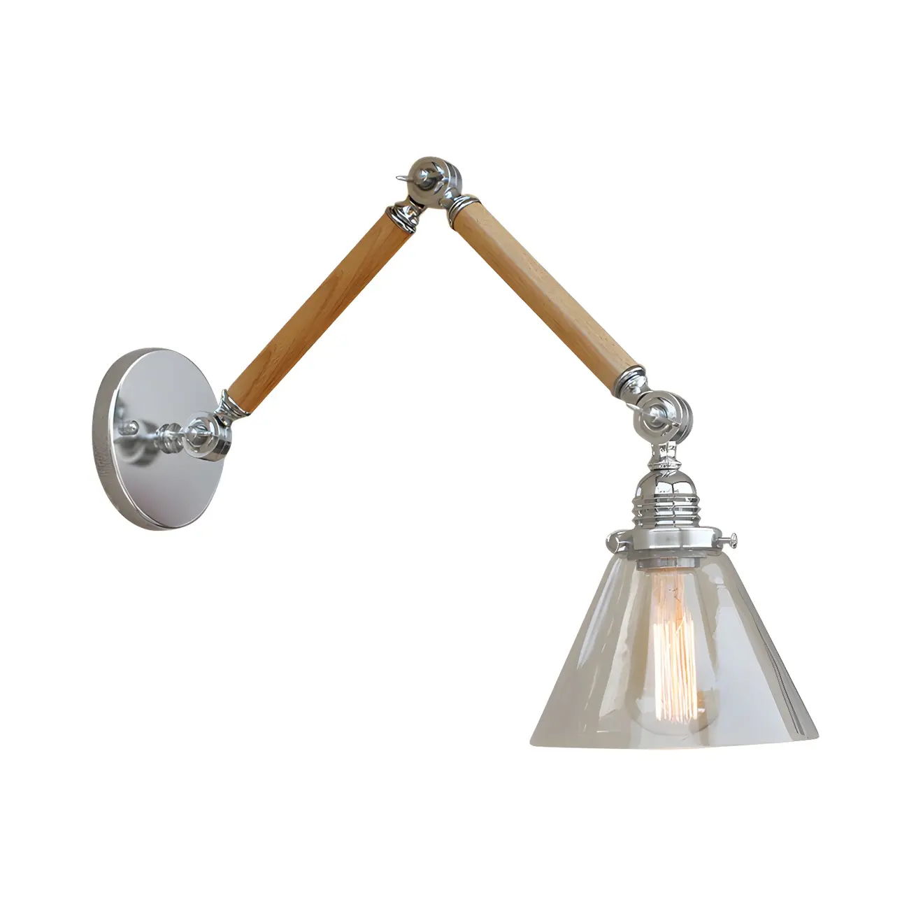 Vintage Clear Glass Cone Shade Wood Metal Swing Arm Wall Light Image - 4 | homeyfad