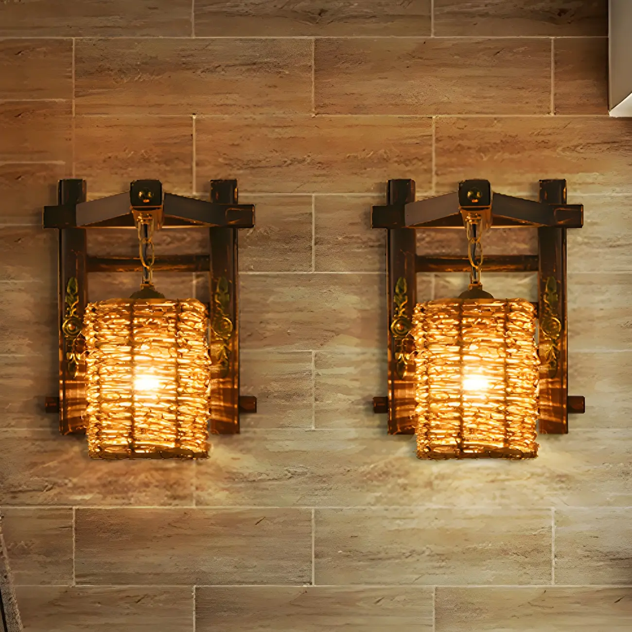Cylinder Rattan Wood Outdoor Wall Sconce Image - 2 | homeyfad