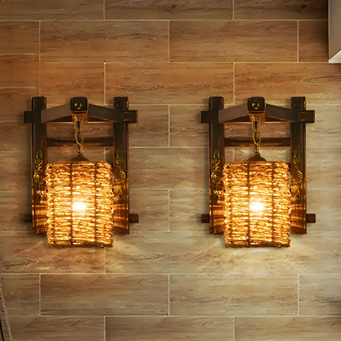 Oriental Brown Rattan LED Wall Lamp in Hand-Woven Image - 3