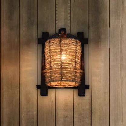 Oriental Brown Rattan LED Wall Lamp in Hand-Woven Image - 4