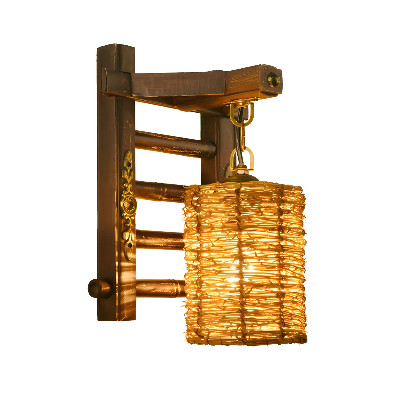 Oriental Brown Rattan LED Wall Lamp in Hand-Woven Image - 5 | homeyfad
