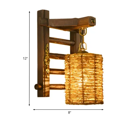 Oriental Brown Rattan LED Wall Lamp in Hand-Woven Image - 6