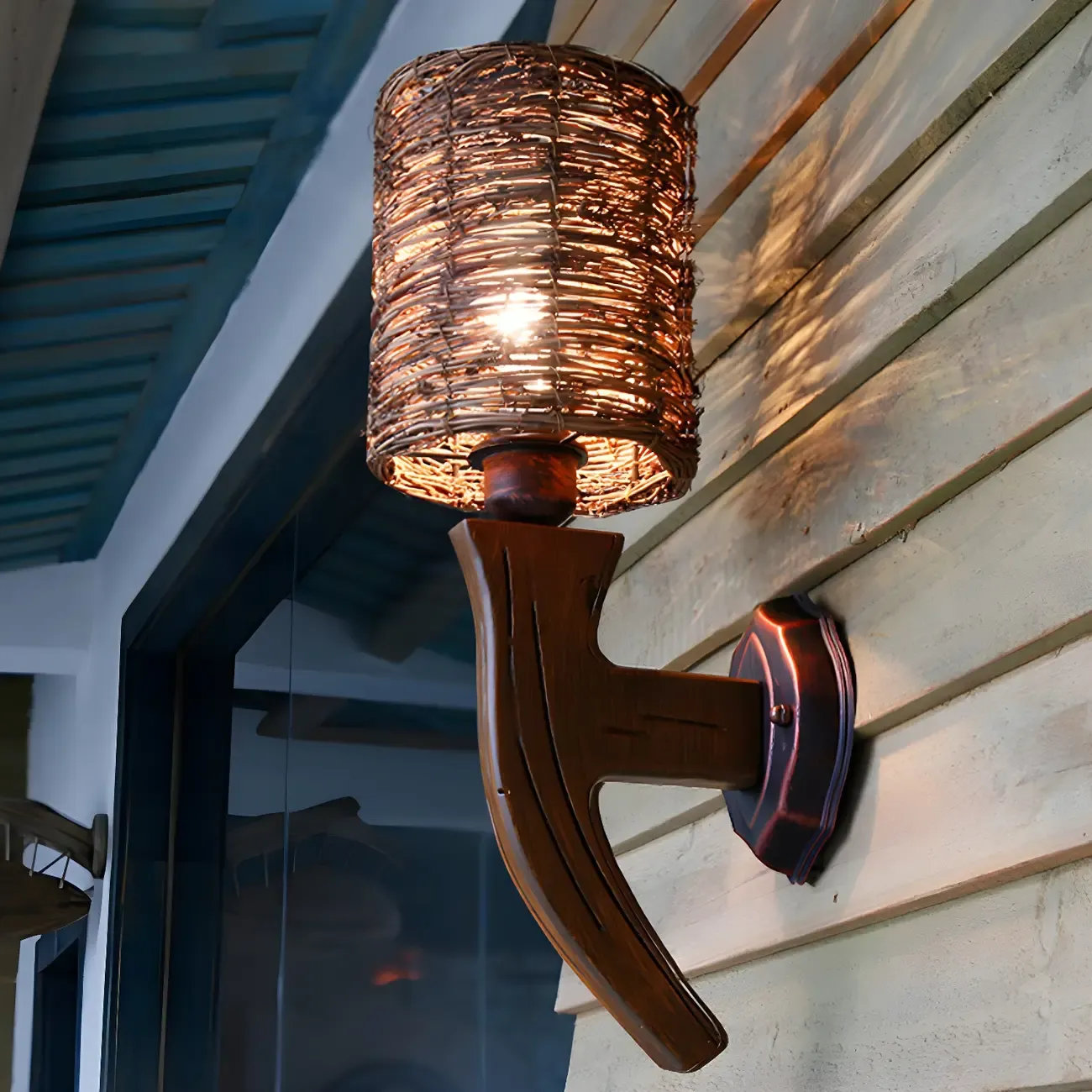 Cylinder Rattan Wood Outdoor Wall Sconce | HomeyFad