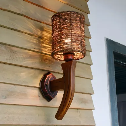 Oriental Brown Rattan LED Wall Lamp in Hand-Woven Image - 8