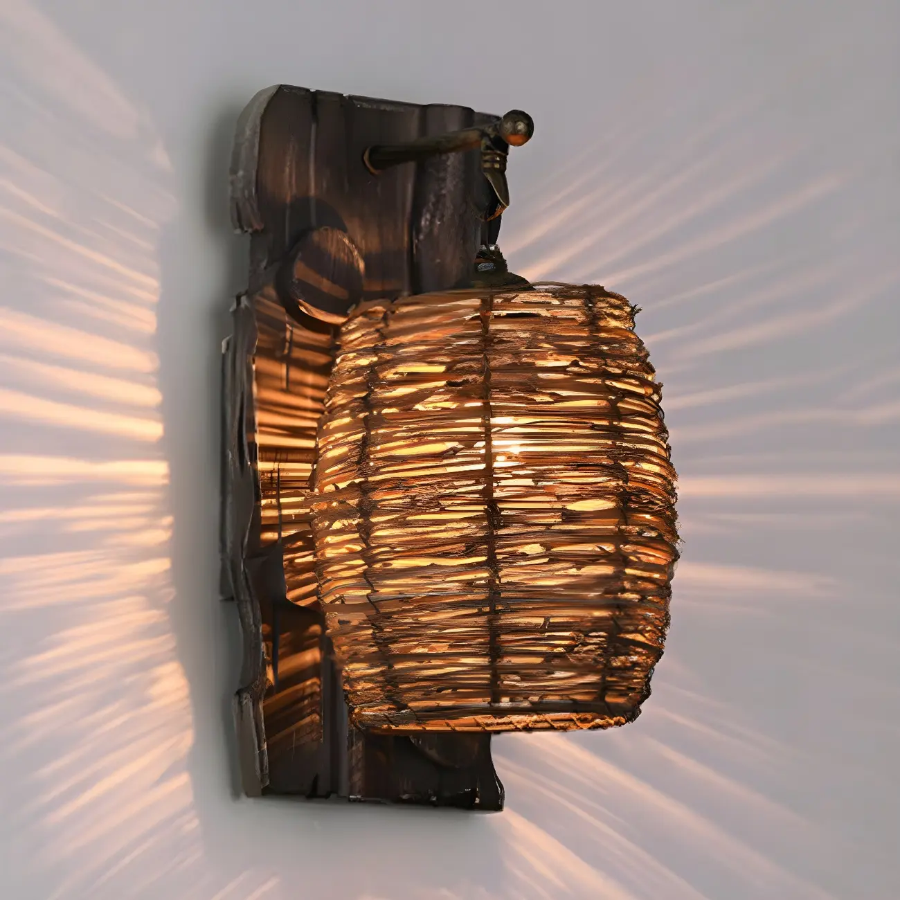 Oriental Brown Rattan LED Wall Lamp in Hand-Woven Image - 12 | homeyfad