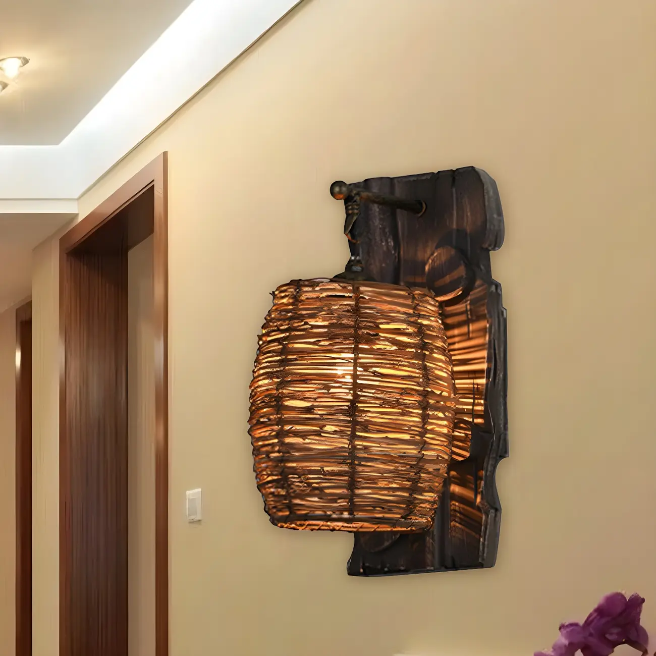 Cylinder Rattan Wood Outdoor Wall Sconce Image - 13 | homeyfad
