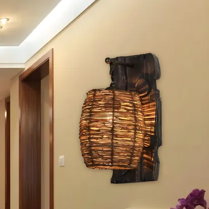 Oriental Brown Rattan LED Wall Lamp in Hand-Woven Image - 14