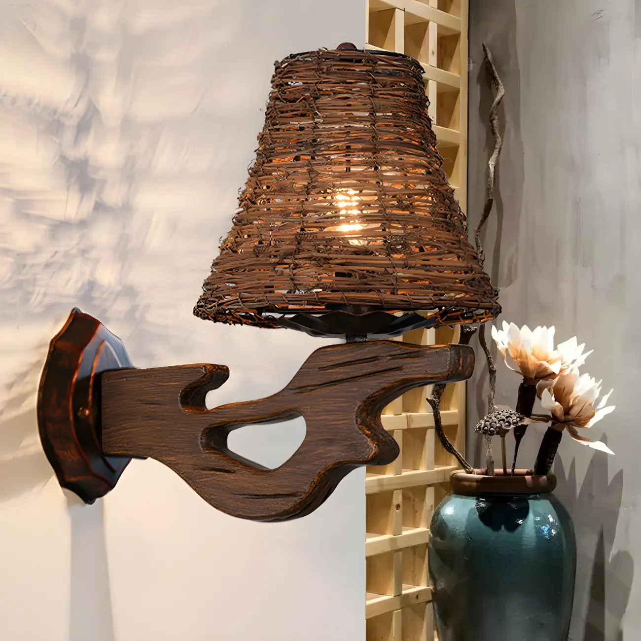 Cylinder Rattan Wood Outdoor Wall Sconce Image - 5 | homeyfad
