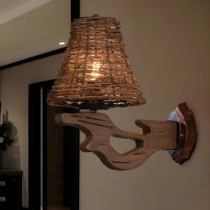 Oriental Brown Rattan LED Wall Lamp in Hand-Woven Image - 17