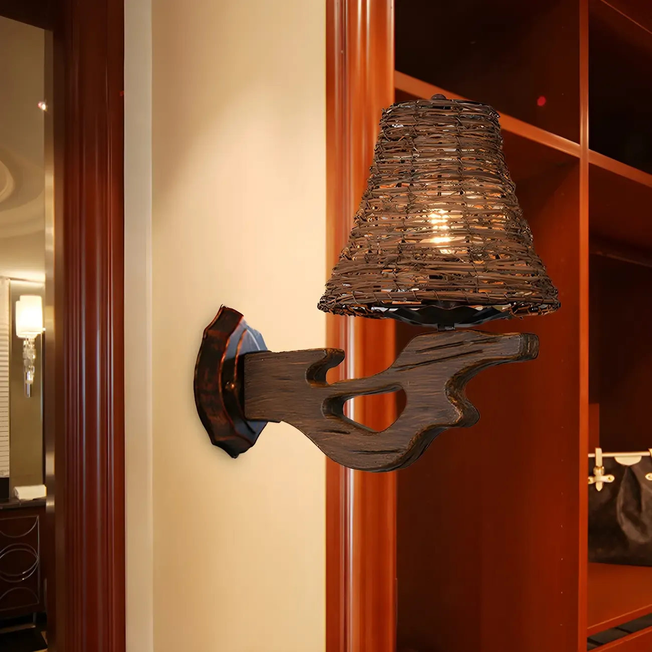 Oriental Brown Rattan LED Wall Lamp in Hand-Woven Image - 18