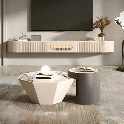 Modern Stone Floating TV Stand with 2-Drawers for Living Room Image - 2