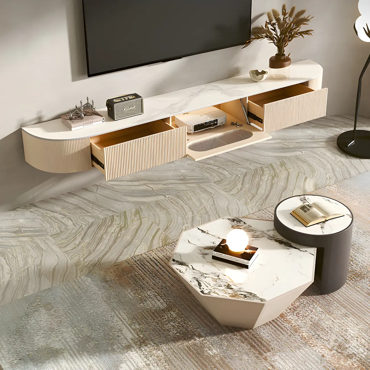 Modern Stone Floating TV Stand with 2-Drawers for Living Room Image - 3 | homeyfad