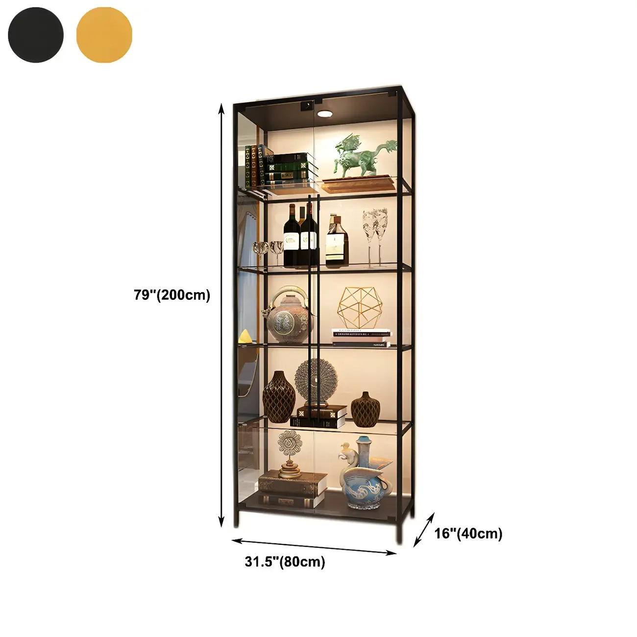 Standard Black Curio Display Cabinet with Glass Doors #size