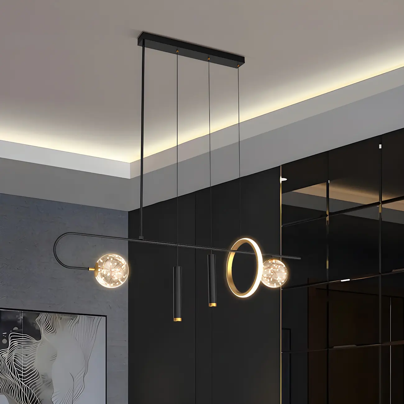 Modern Black LED Linear Kitchen Island Chandelier Image - 1 | homeyfad