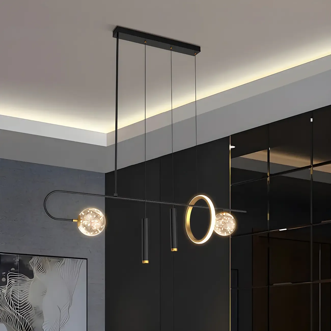 Modern Black LED Linear Kitchen Island Chandelier Image - 1