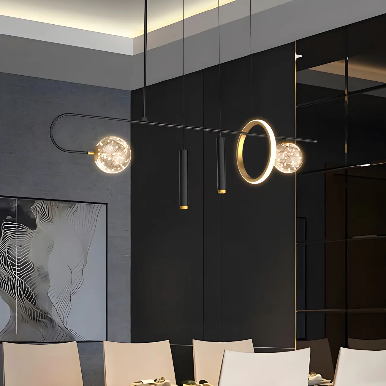 Modern Black LED Linear Kitchen Island Chandelier Image - 9 | homeyfad