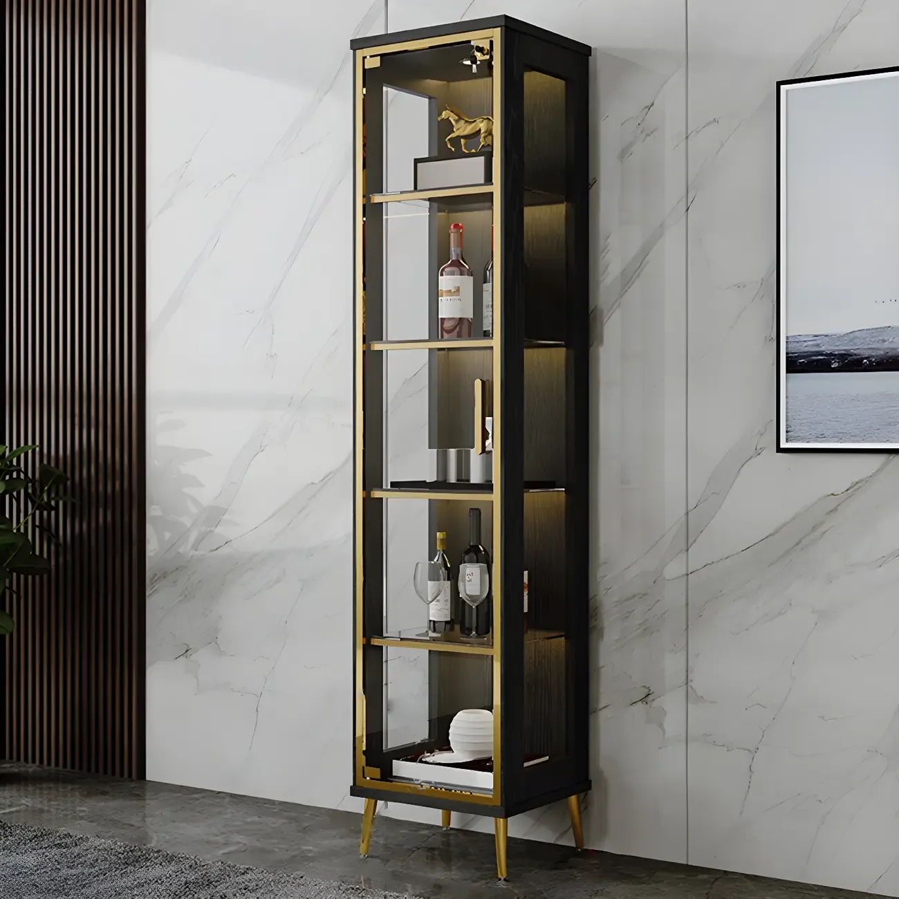 Glam Black Wooden Glass Display Cabinet Image - 5