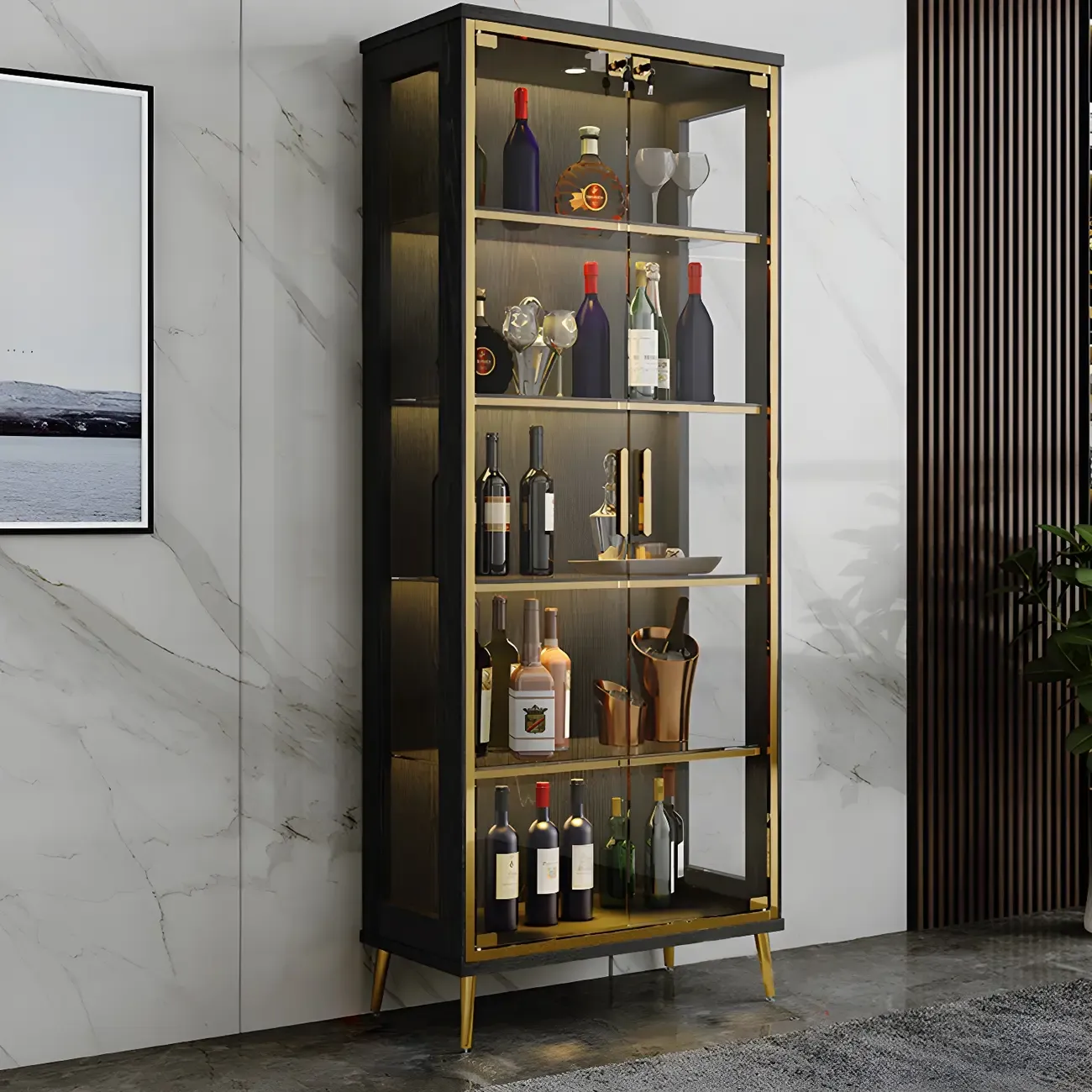 Glam Black Wooden Glass Display Cabinet Image - 7