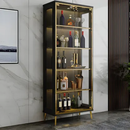Glam Black Wooden Glass Display Cabinet Image - 7