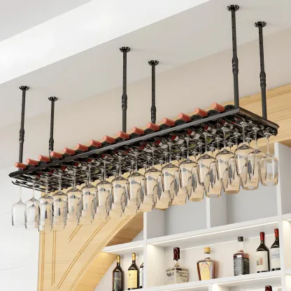 Industrial Metal Hanging Wine Rack with Glass Holder