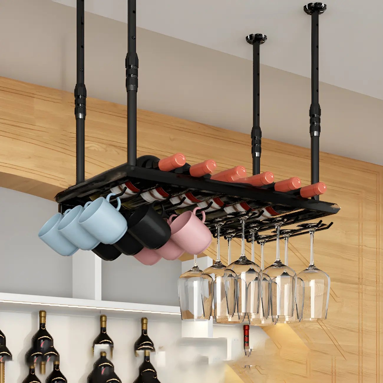 Industrial Metal Hanging Wine Rack with Glass Holder | homeyfad