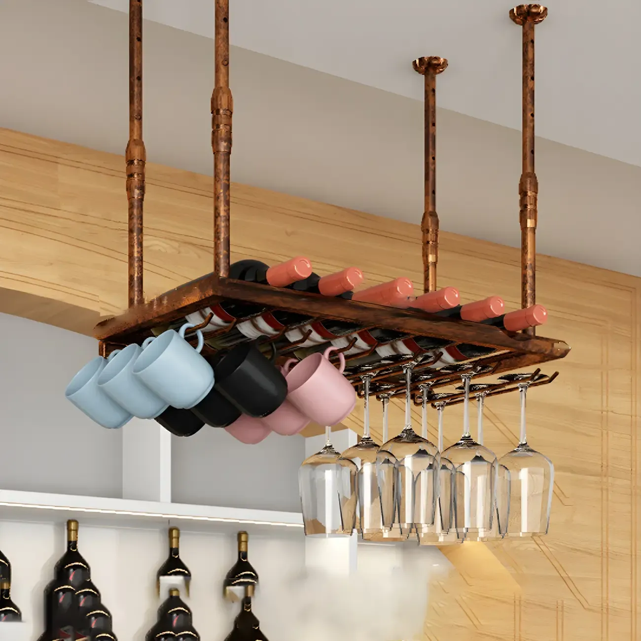 Industrial Metal Hanging Wine Rack with Glass Holder