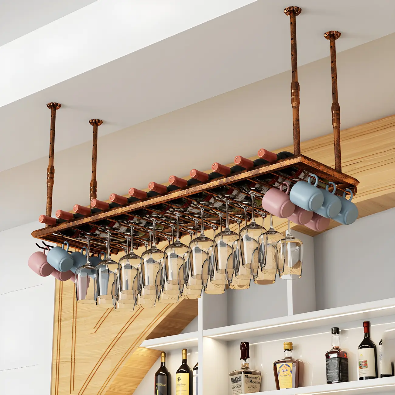 Industrial Metal Hanging Wine Rack with Glass Holder | homeyfad