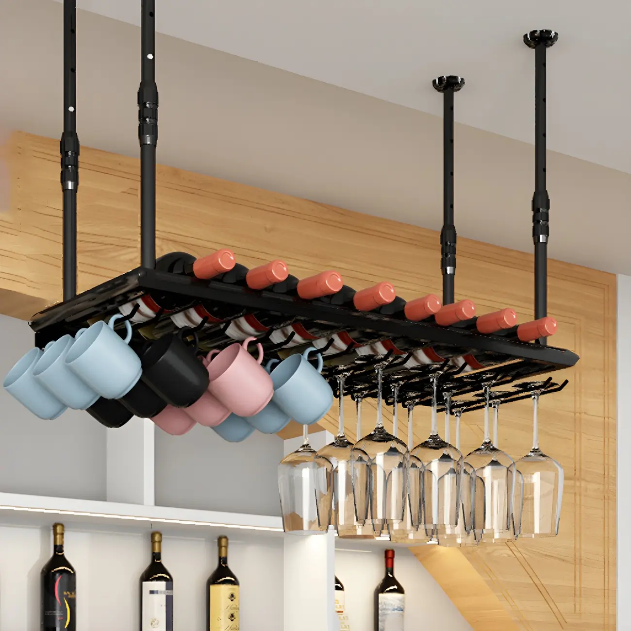 Industrial Metal Hanging Wine Rack with Glass Holder | homeyfad