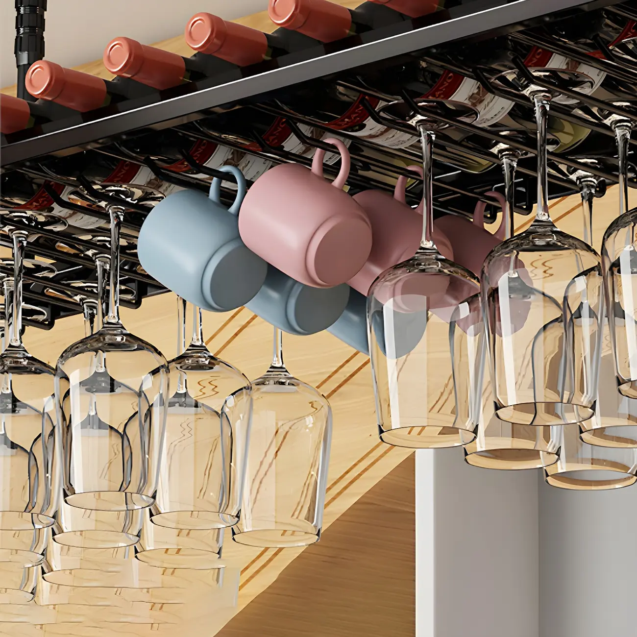 Industrial Metal Hanging Wine Rack with Glass Holder | homeyfad