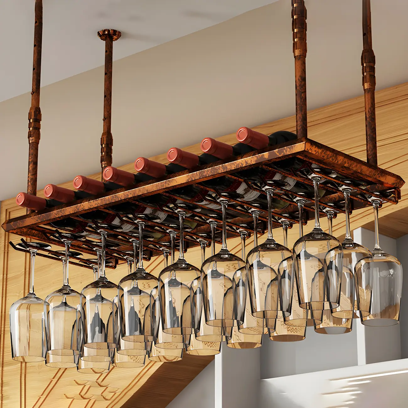 Industrial Metal Hanging Wine Rack with Glass Holder | homeyfad
