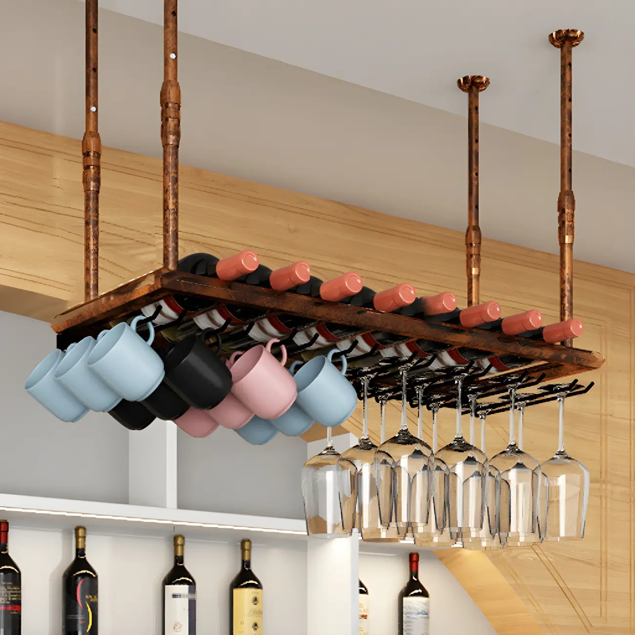 Industrial Metal Hanging Wine Rack with Glass Holder | homeyfad