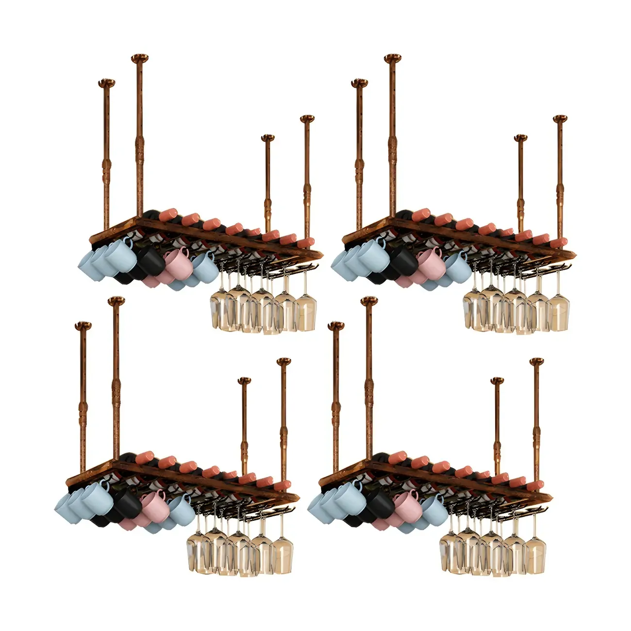 Industrial Metal Hanging Wine Rack with Glass Holder