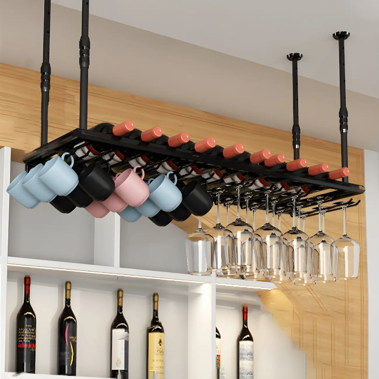 Industrial Metal Hanging Wine Rack with Glass Holder | homeyfad