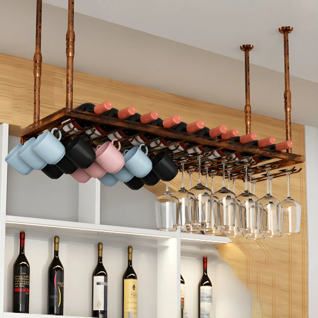Industrial Metal Hanging Wine Rack with Glass Holder | homeyfad