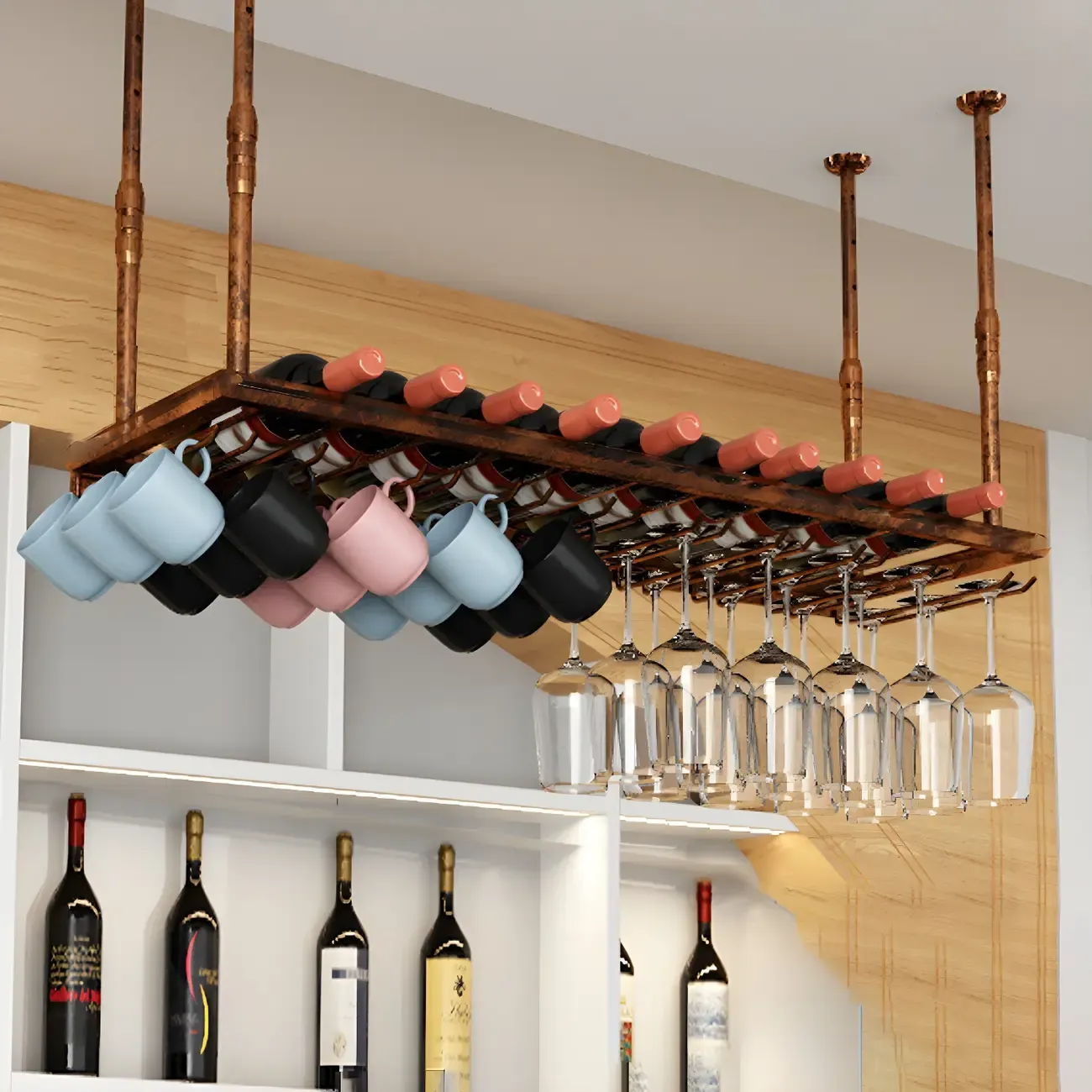 Industrial Metal Hanging Wine Rack with Glass Holder