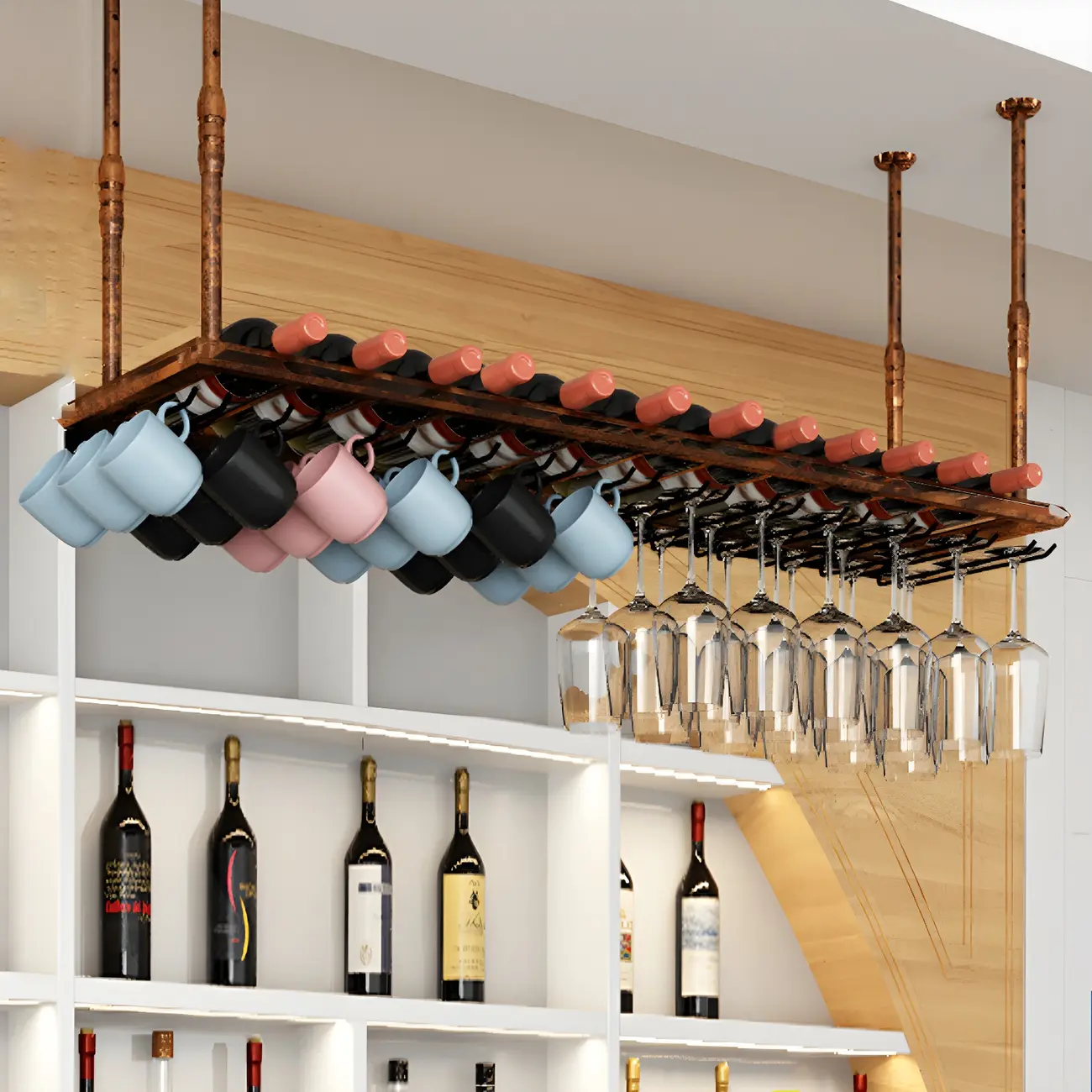 Industrial Metal Hanging Wine Rack with Glass Holder | homeyfad