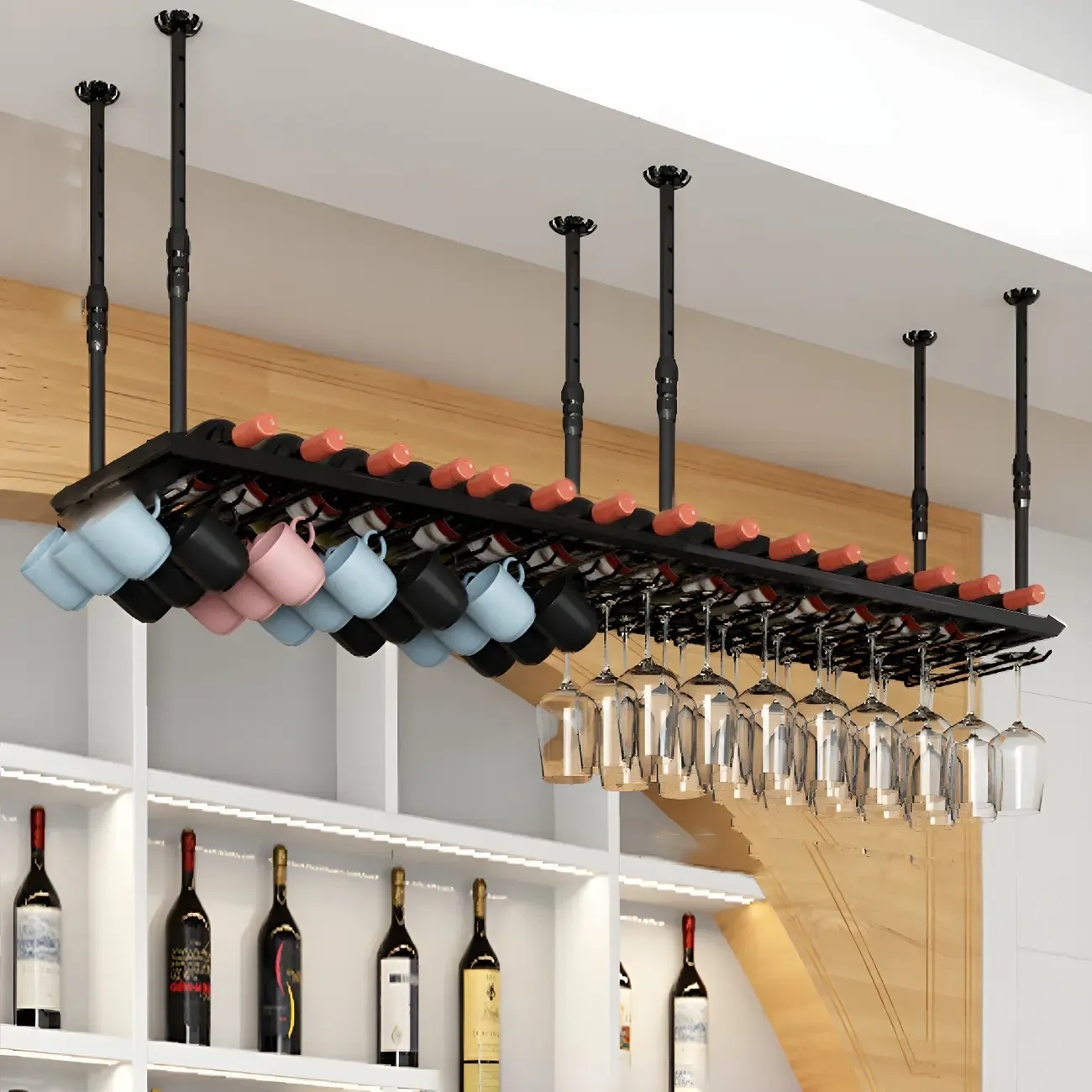 Industrial Metal Hanging Wine Rack with Glass Holder