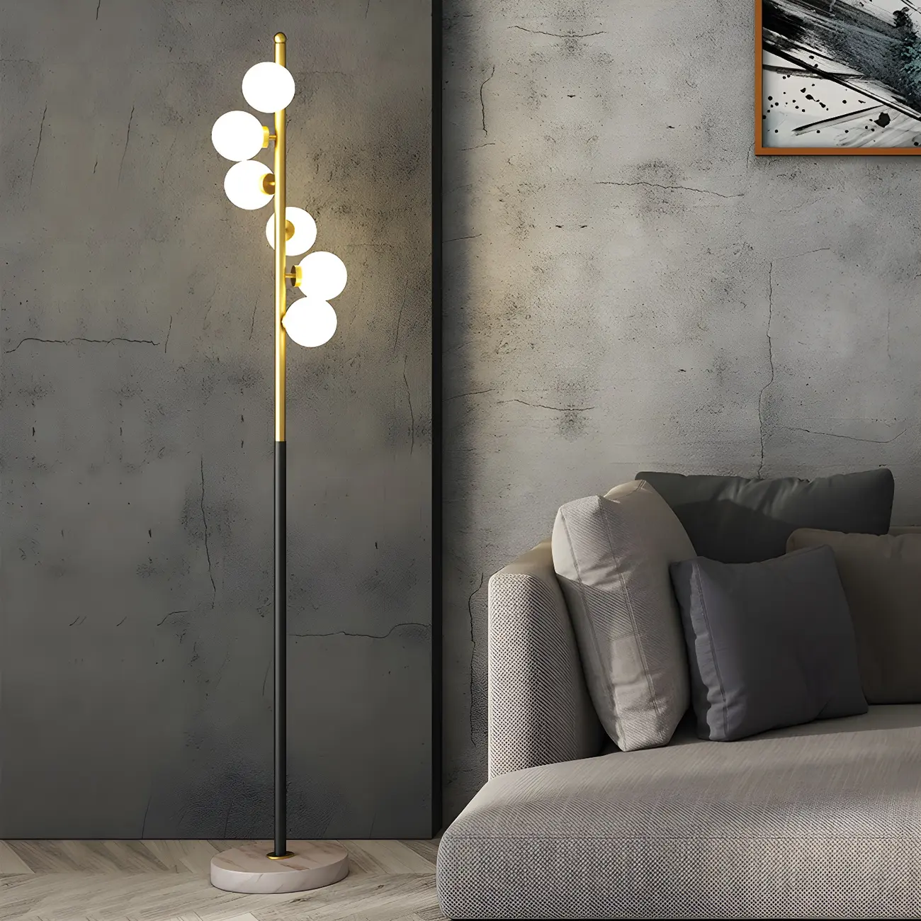 Modern 6-Light Curved Globe Glass Metal Vertical Floor Lamp Image - 2 | homeyfad