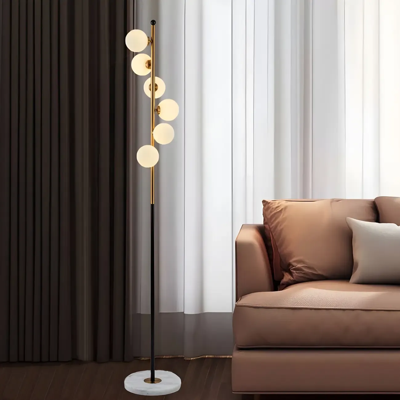 Modern 6-Light Curved Globe Glass Metal Vertical Floor Lamp Image - 3