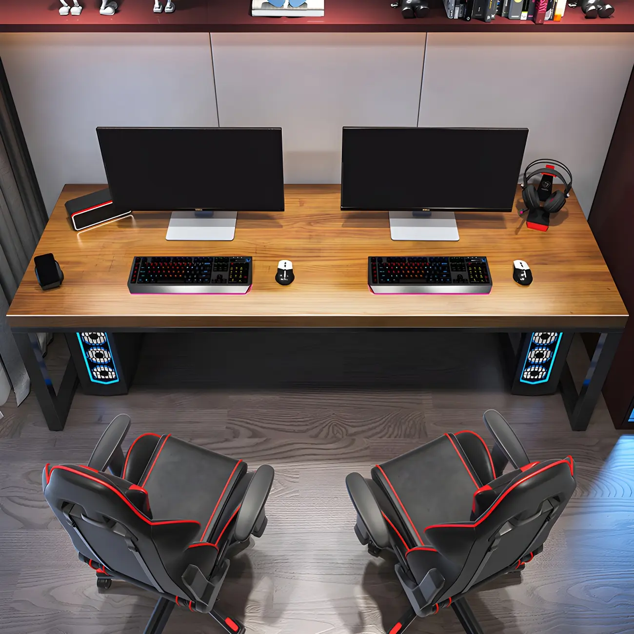Brown Wood Long Gaming Computer Desk Image - 1 | homeyfad