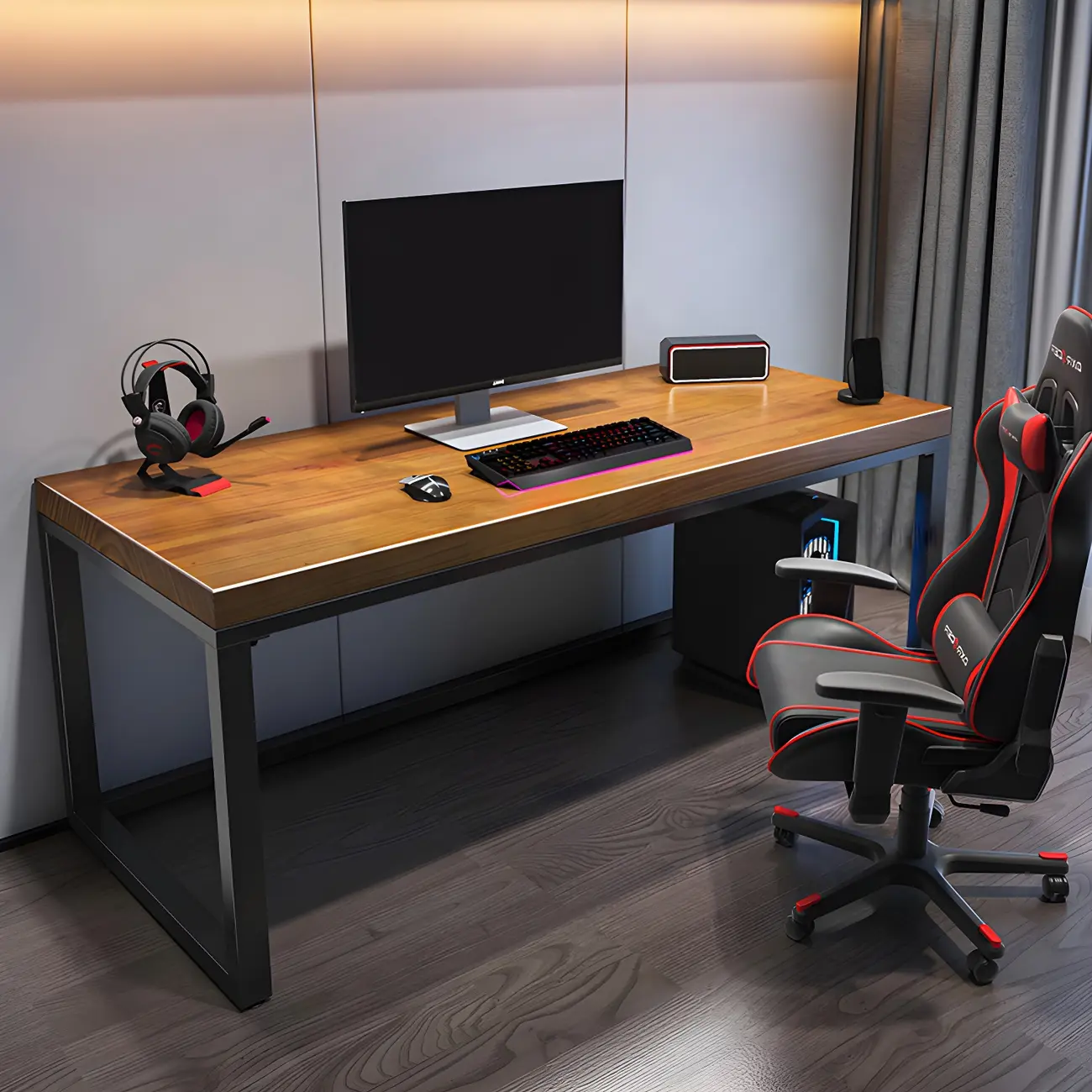 Brown Wood Long Gaming Computer Desk Image - 2 | homeyfad
