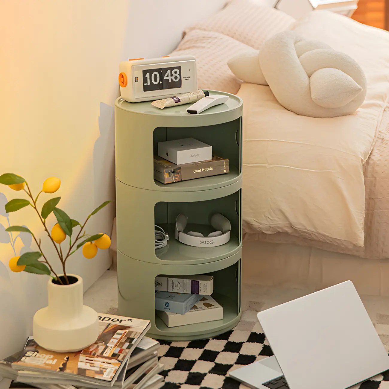 Round Nightstand with Multi-Cabinets Nightstand Image - 2 | homeyfad