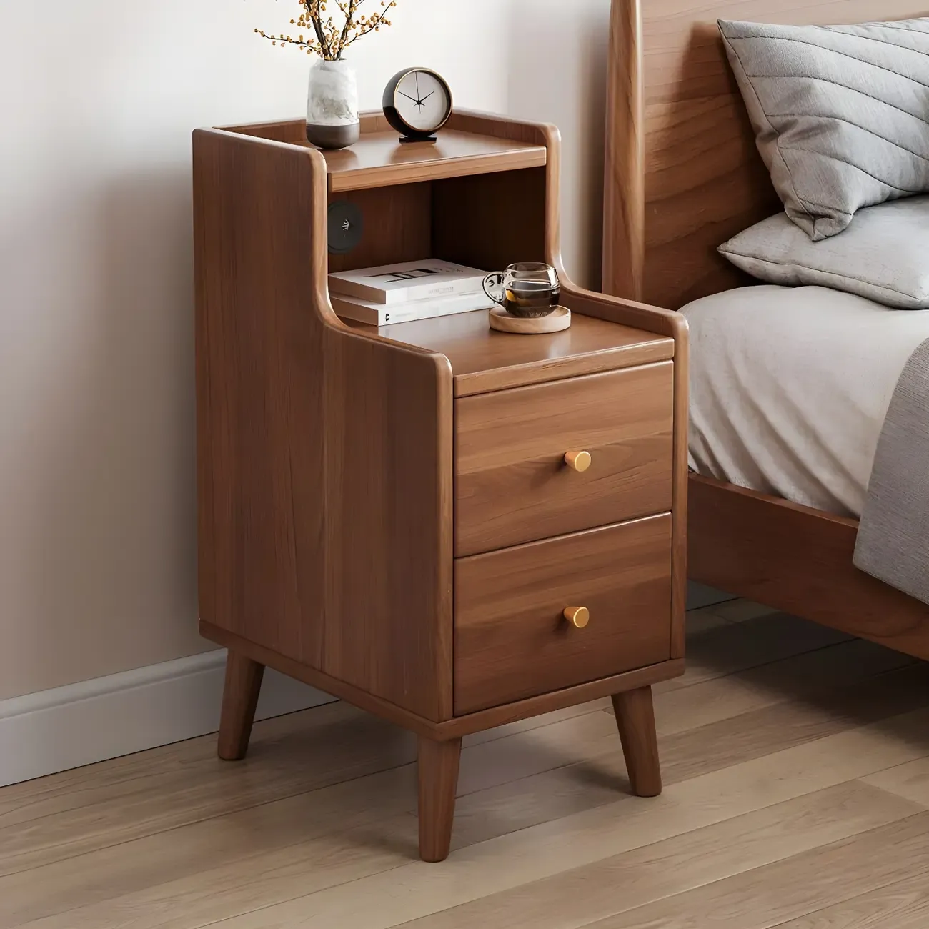 Tip Resistant Wooden Nightstand with Drawers and Legs Image - 1