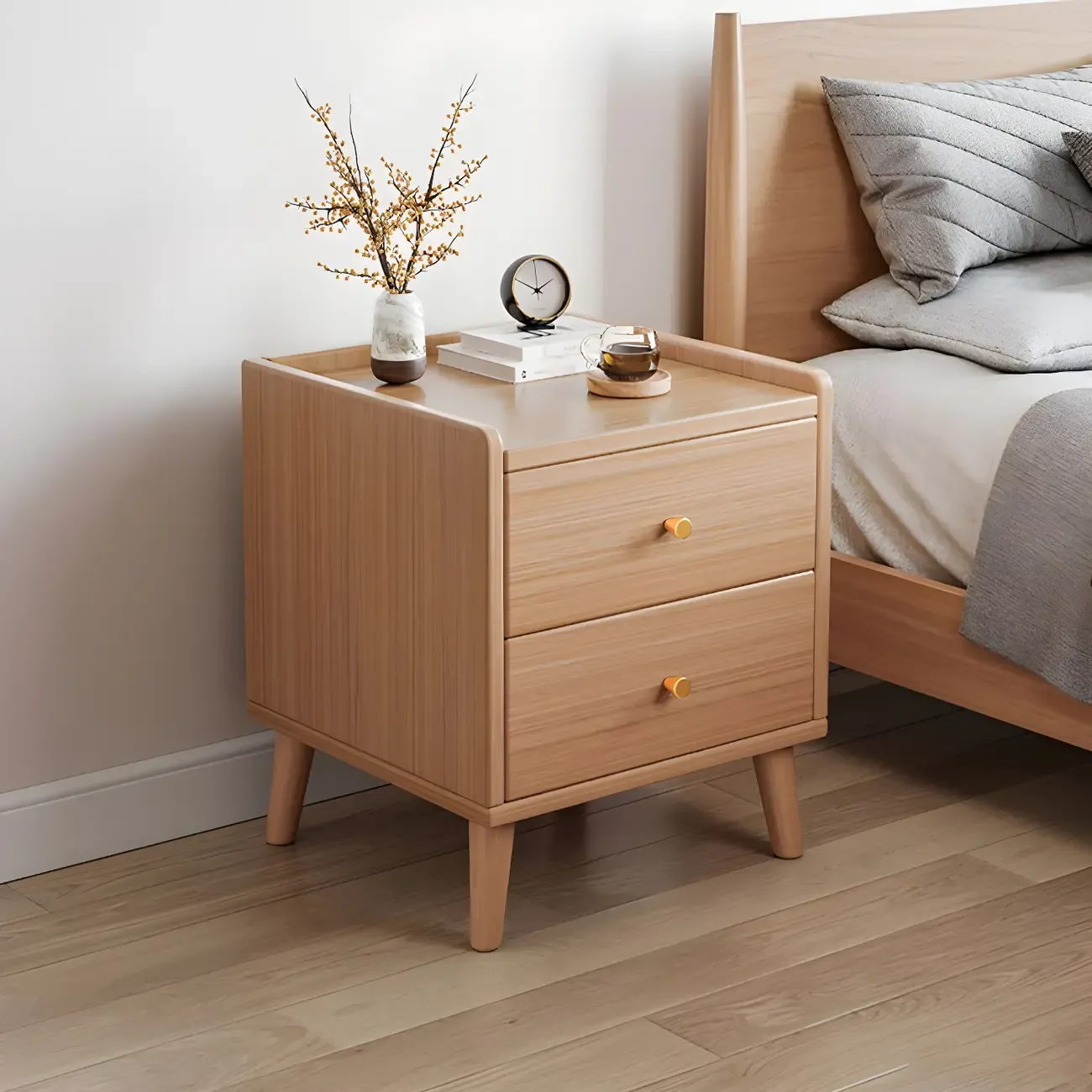 Tip Resistant Wooden Nightstand with Drawers and Legs Image - 2
