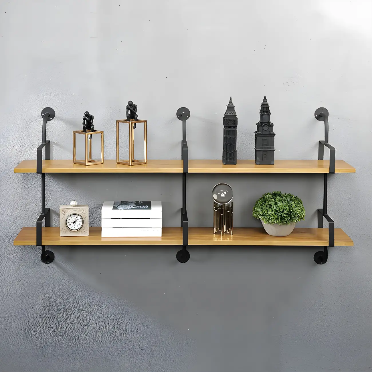 Simple 2-Tier Wood & Metal Wall-Mounted Bookcase Image - 1 | homeyfad