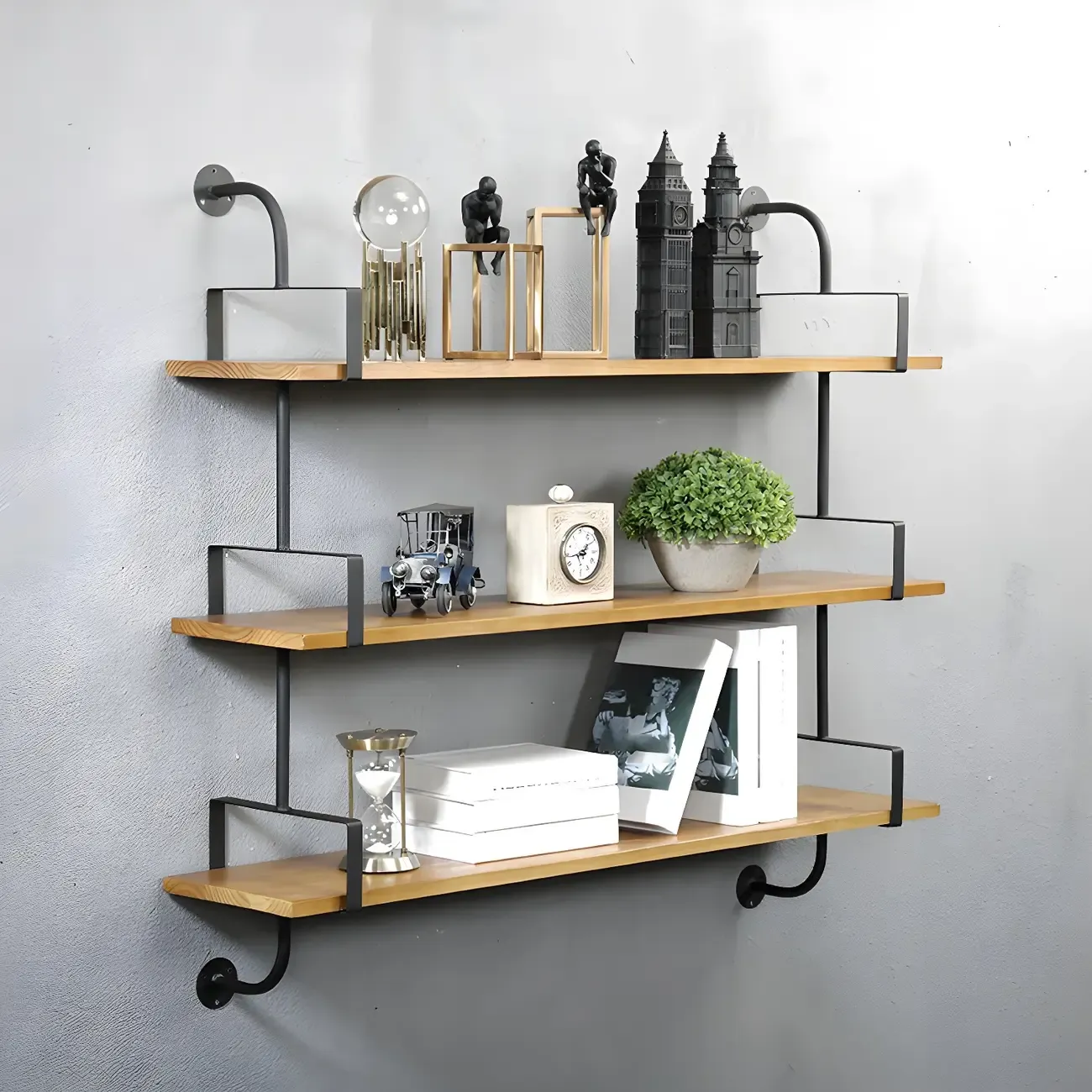 Simple 2-Tier Wood & Metal Wall-Mounted Bookcase Image - 5