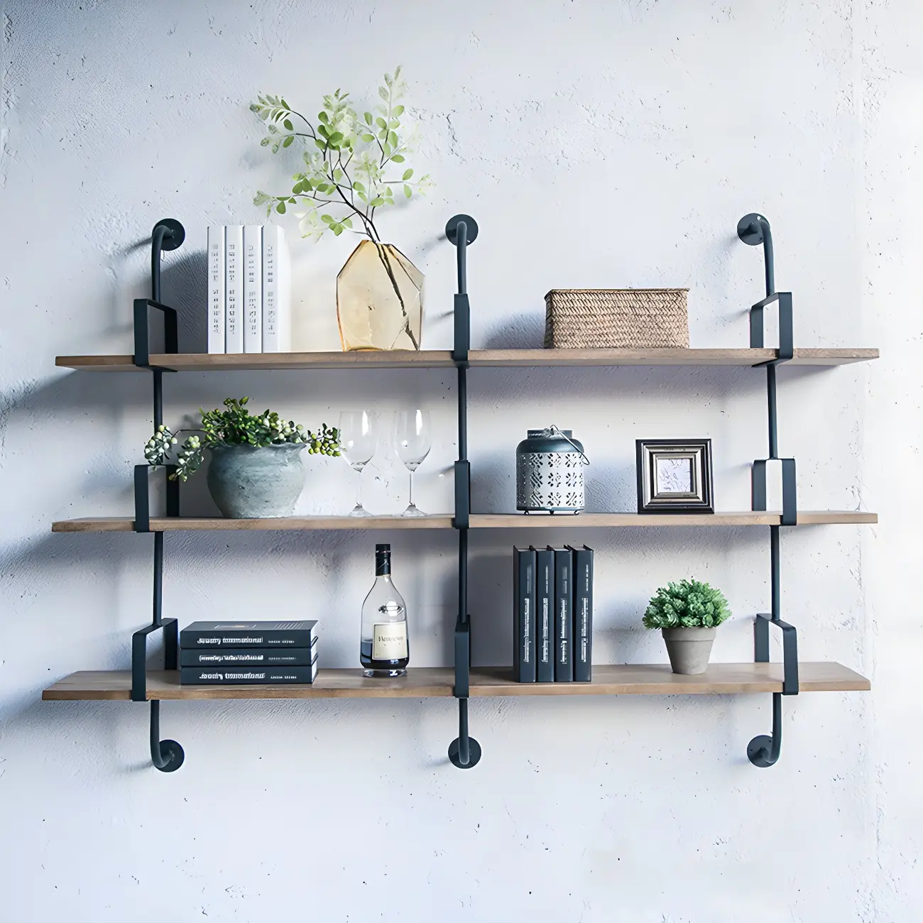 Simple 2-Tier Wood & Metal Wall-Mounted Bookcase Image - 6 | homeyfad