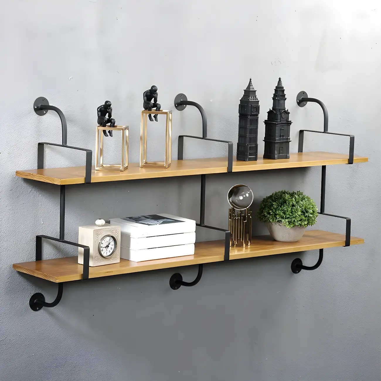 Simple 2-Tier Wood & Metal Wall-Mounted Bookcase Image - 7 | homeyfad