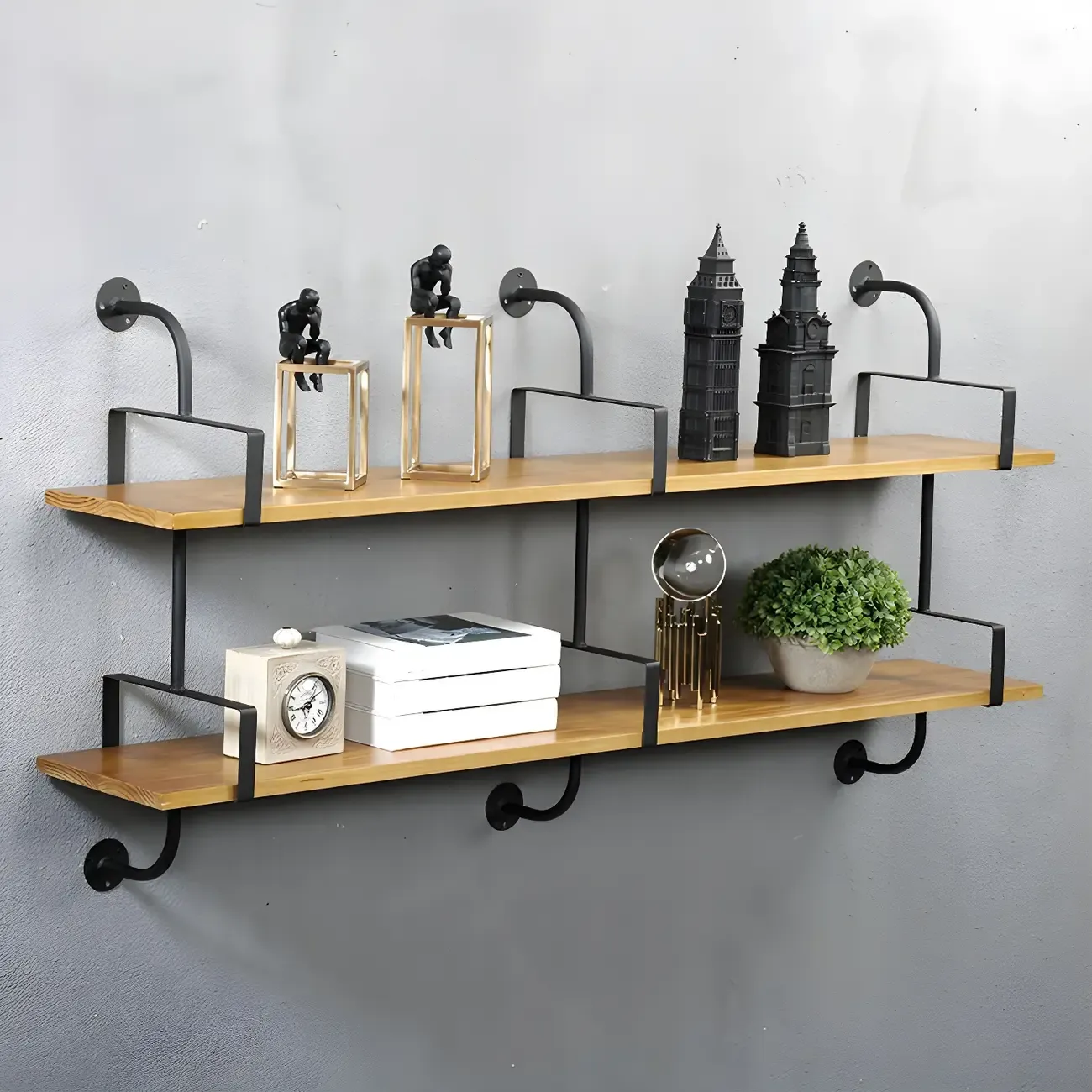 Simple 2-Tier Wood & Metal Wall-Mounted Bookcase Image - 7